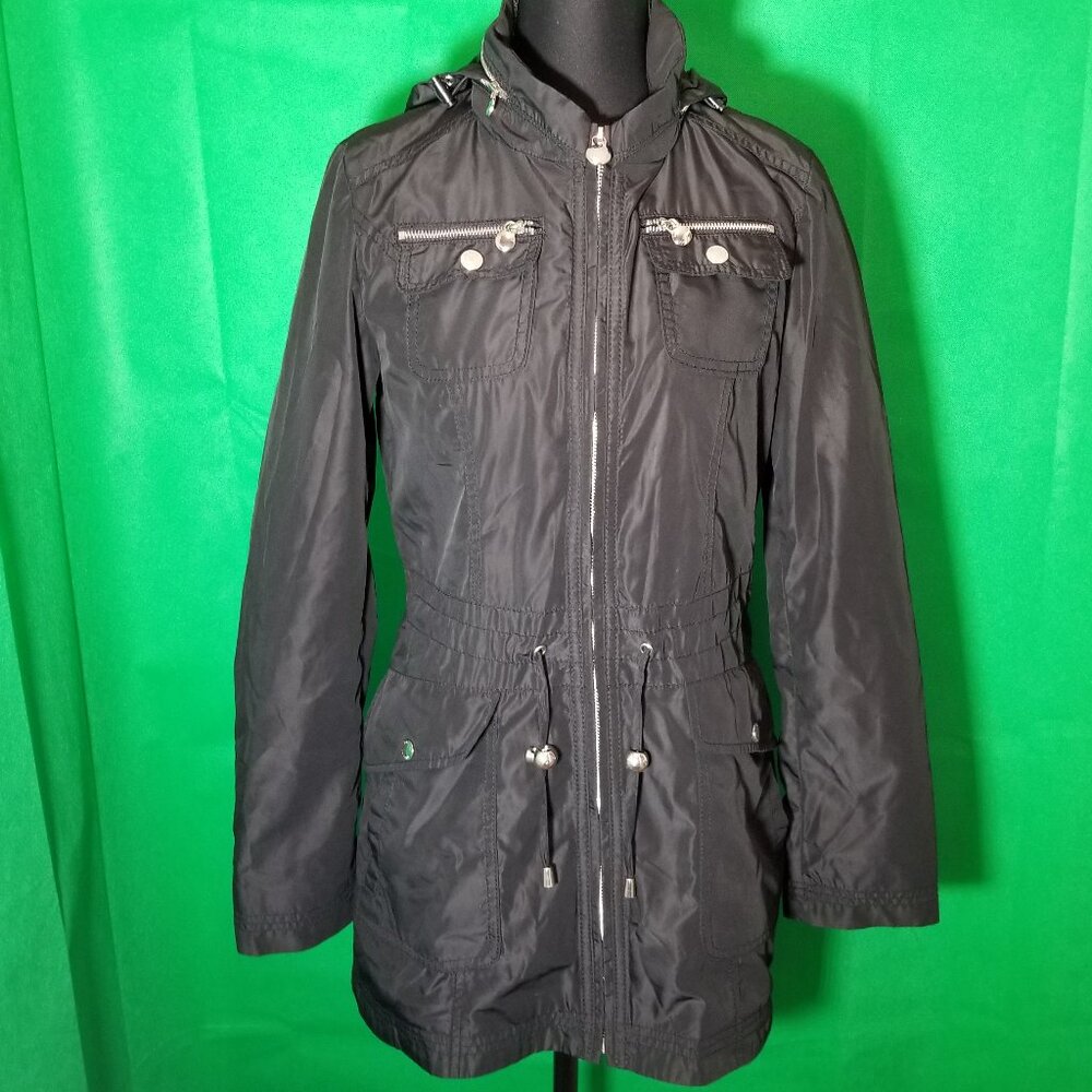 Laundry Shelli Segal Black Zip Hooded Rain Windbreaker Trench Jacket Size XS